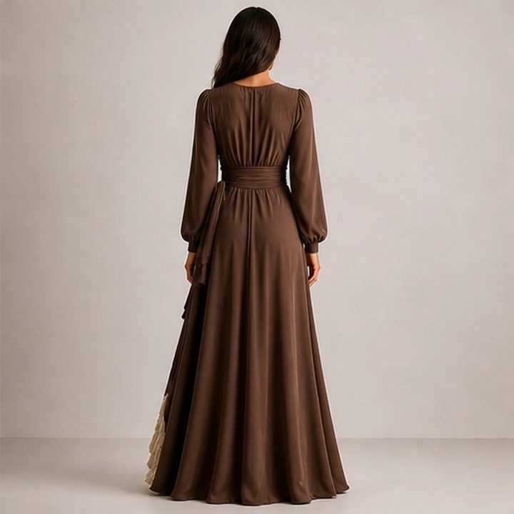 Solenne – Wrap V-Neck Lantern Sleeve Two-Layer Ruffle Slit Maxi Dress + 50% OFF
