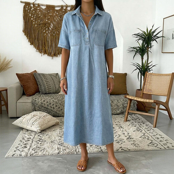 Chambry – Soft Denim Midi Shirt Dress with Pockets, Relaxed A-Line Fit + 50% OFF