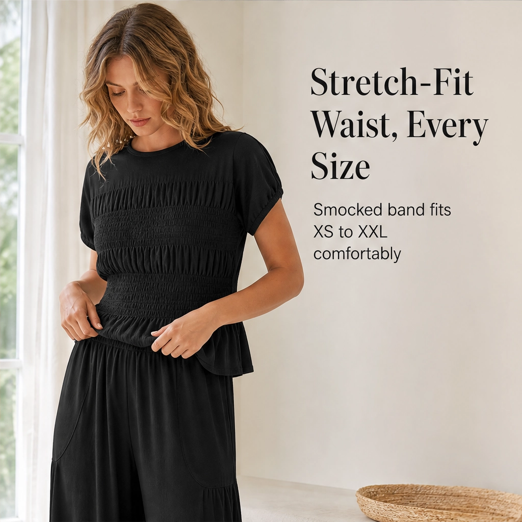 Amaryse – Smocked Peplum Top &amp; Wide-Leg Pocket Pants Set + 50% OFF