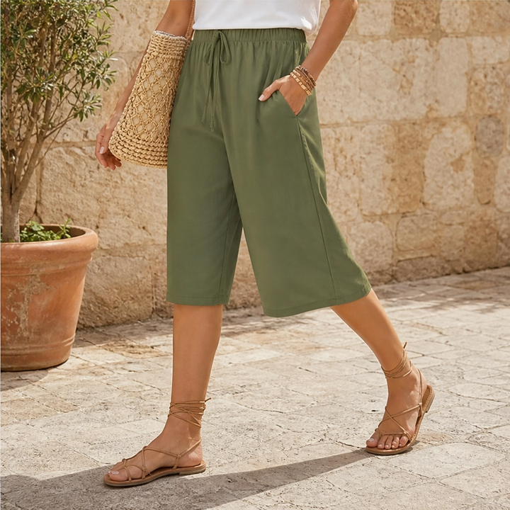 Solene – Flowy Lightweight Wide-Leg Drawstring Knee-Length Trousers + 50% OFF