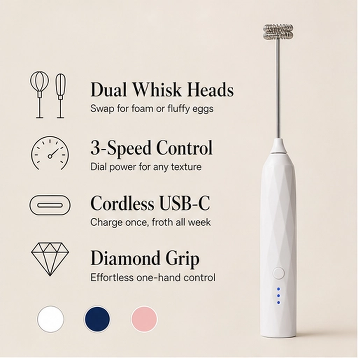 Cremara – 3-Speed Rechargeable Handheld Milk Frother &amp; Whisk Set + 50% OFF