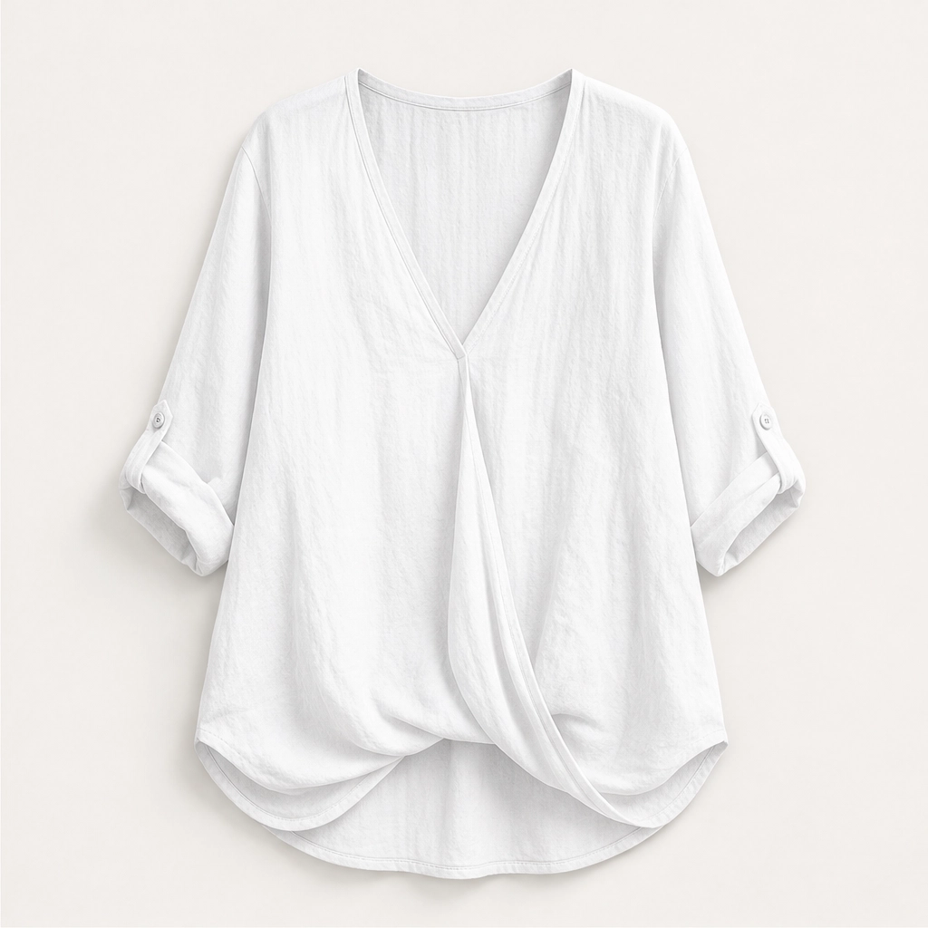 Solene – Twist-Front V-Neck Cotton-Linen Top + 50% OFF