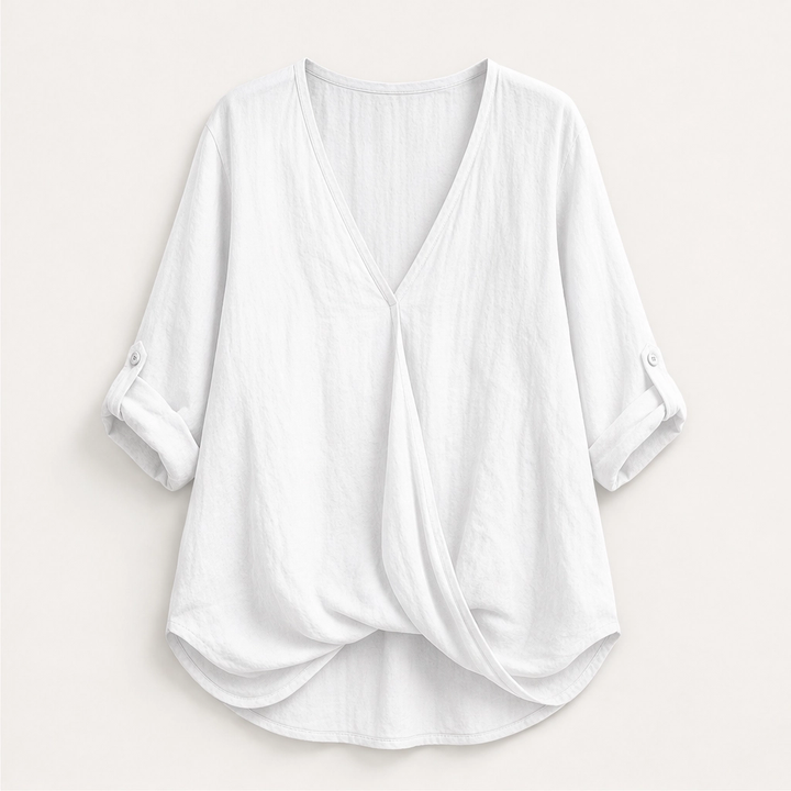 Solene – Twist-Front V-Neck Cotton-Linen Top + 50% OFF
