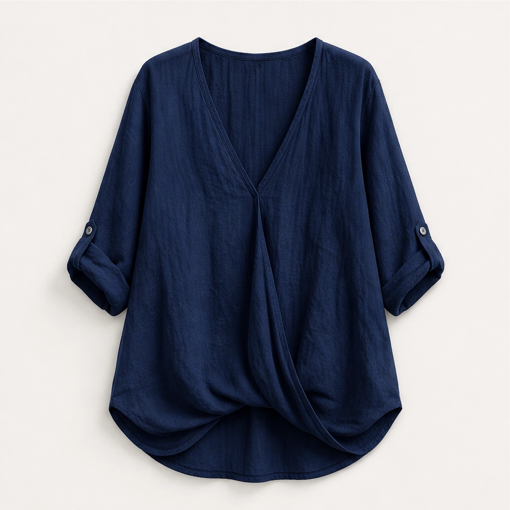 Solene – Twist-Front V-Neck Cotton-Linen Top + 50% OFF