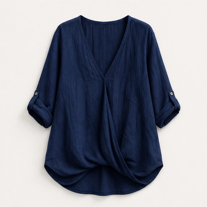 Solene – Twist-Front V-Neck Cotton-Linen Top + 50% OFF