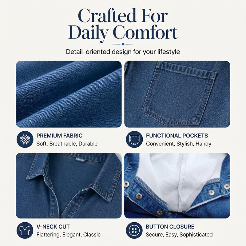Chambry – Soft Denim Midi Shirt Dress with Pockets, Relaxed A-Line Fit + 50% OFF