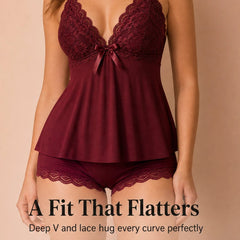 Velisse – Lace-Trim V-Neck Cami & Shorts Sleepwear Set + 1+1 FREE
