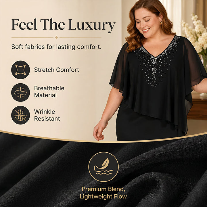 Soirelle – Rhinestone Cape Overlay V-Neck Cocktail Dress + 50% OFF