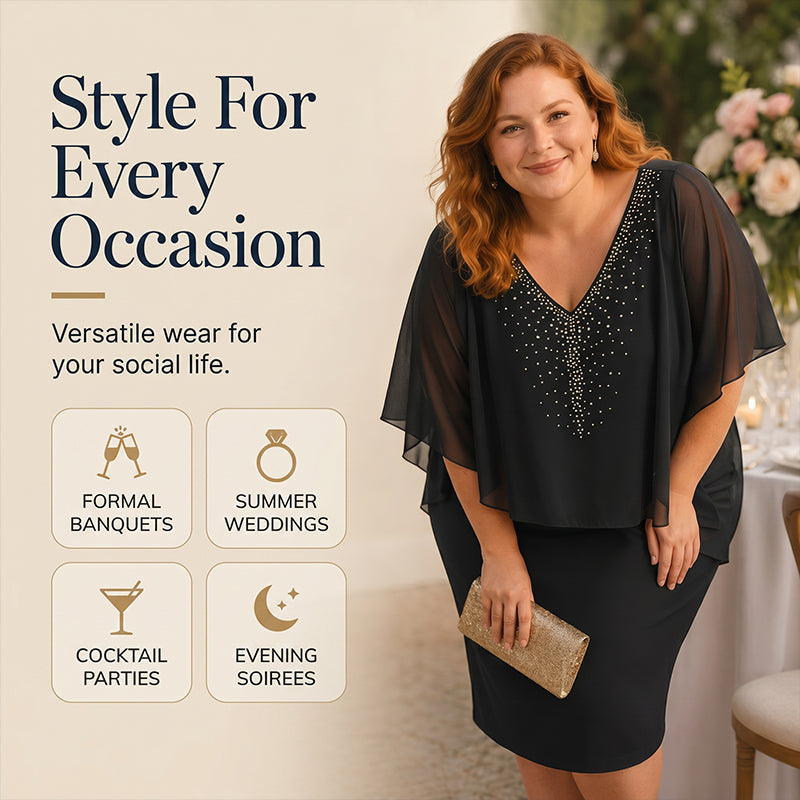 Soirelle – Rhinestone Cape Overlay V-Neck Cocktail Dress + 50% OFF