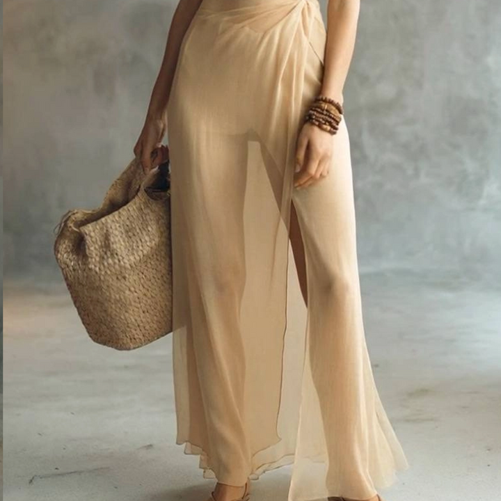 Oleandra – Twist-Knot Wrap Chiffon Maxi Dress with High Side Slit + 50% OFF