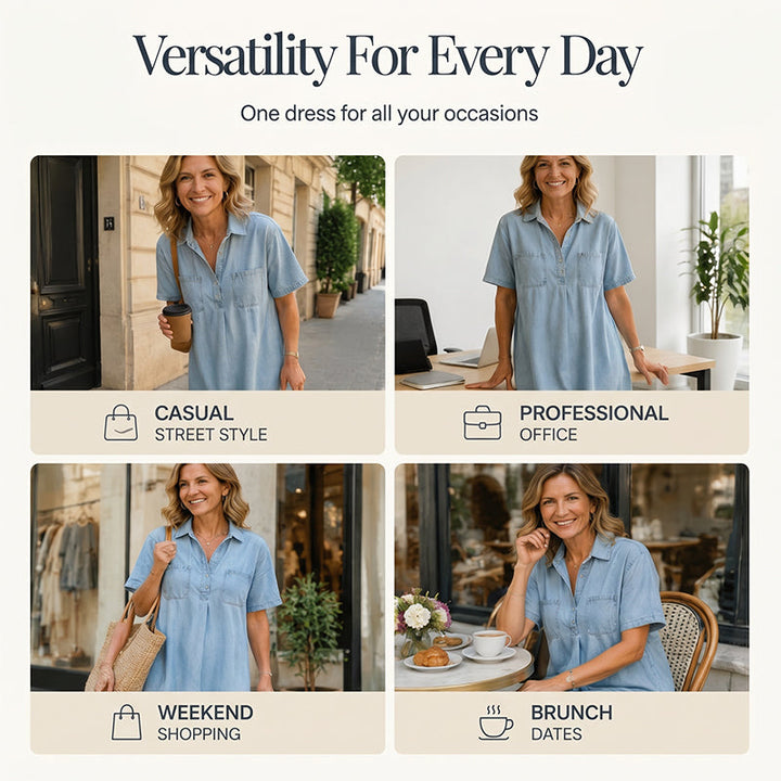 Chambry – Soft Denim Midi Shirt Dress with Pockets, Relaxed A-Line Fit + 50% OFF