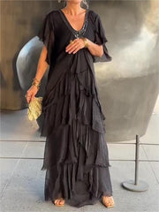 The AuraFlow Maxi Dress - Elegant V-Neck, Tiered Ruffle Skirt, and Off Sale + 50% OFF