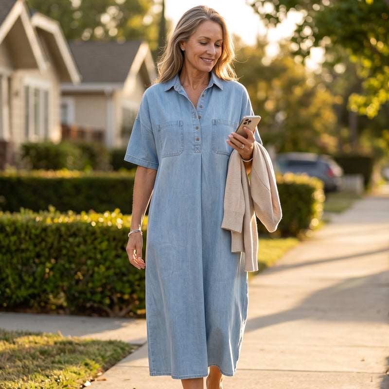 Wrenley – Soft Real-Denim V-Neck Midi Shirt Dress with Pockets + 50% OFF