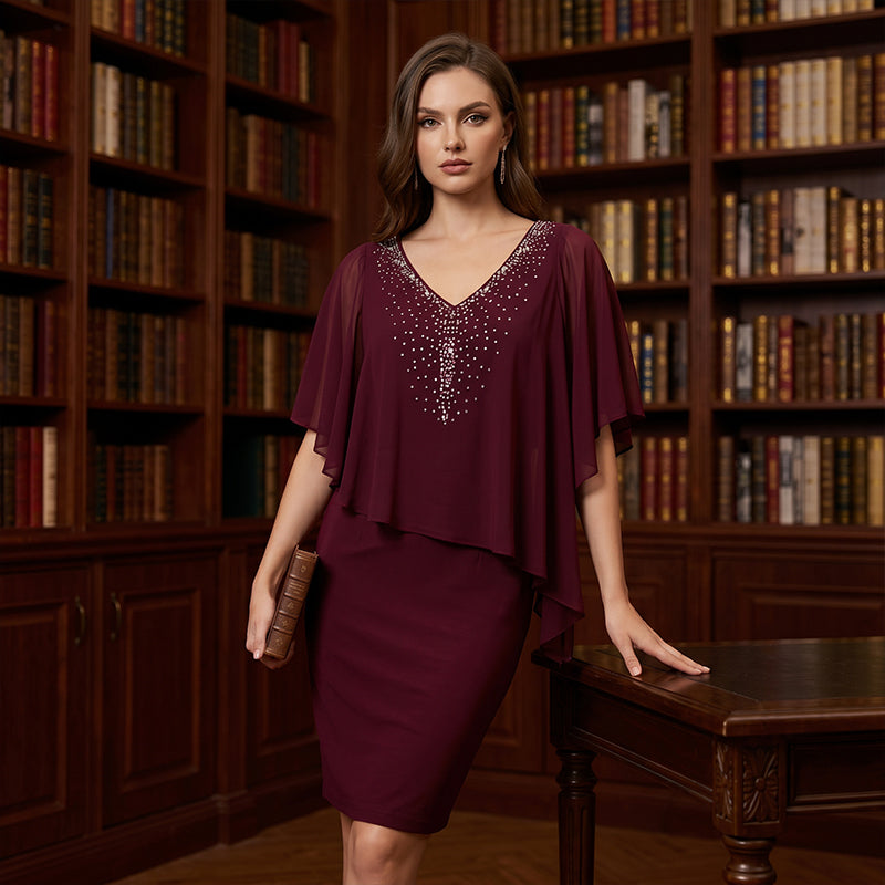 Soirelle – Rhinestone Cape Overlay V-Neck Cocktail Dress + 50% OFF