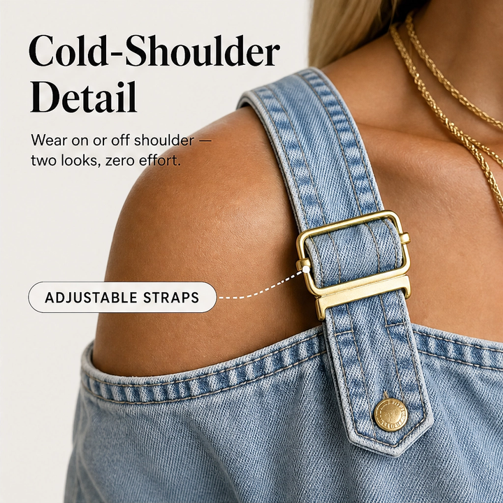 Draveline – Cold-Shoulder Wide-Leg Denim Jumpsuit with Pockets + 50% OFF