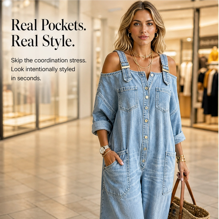 Draveline – Cold-Shoulder Wide-Leg Denim Jumpsuit with Pockets + 50% OFF