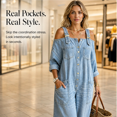 Draveline – Cold-Shoulder Wide-Leg Denim Jumpsuit with Pockets + 50% OFF