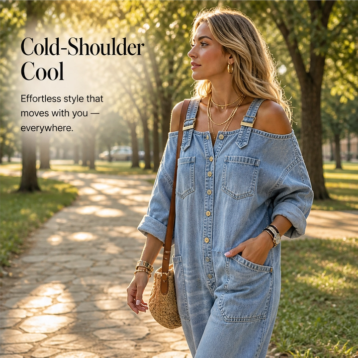 Draveline – Cold-Shoulder Wide-Leg Denim Jumpsuit with Pockets + 50% OFF