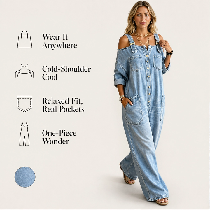 Draveline – Cold-Shoulder Wide-Leg Denim Jumpsuit with Pockets + 50% OFF