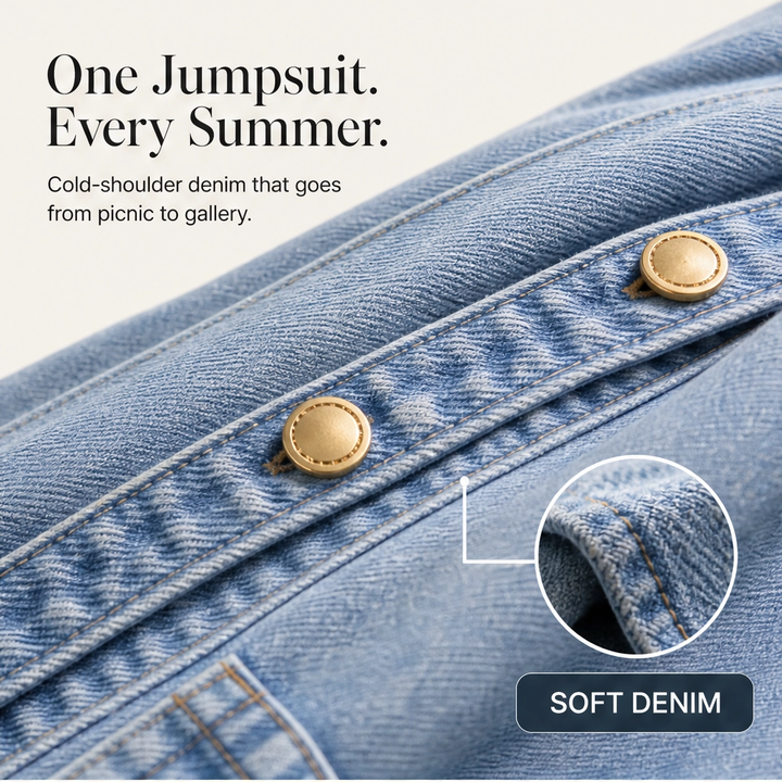 Draveline – Cold-Shoulder Wide-Leg Denim Jumpsuit with Pockets + 50% OFF