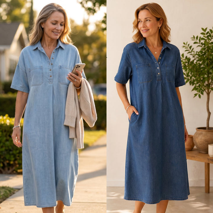 Chambry – Soft Denim Midi Shirt Dress with Pockets, Relaxed A-Line Fit + 50% OFF