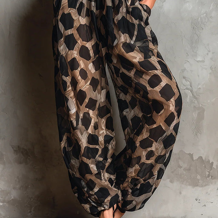 Savanne – Animal Print Tie-Front Chiffon Wide-Leg Jumpsuit + 50% OFF