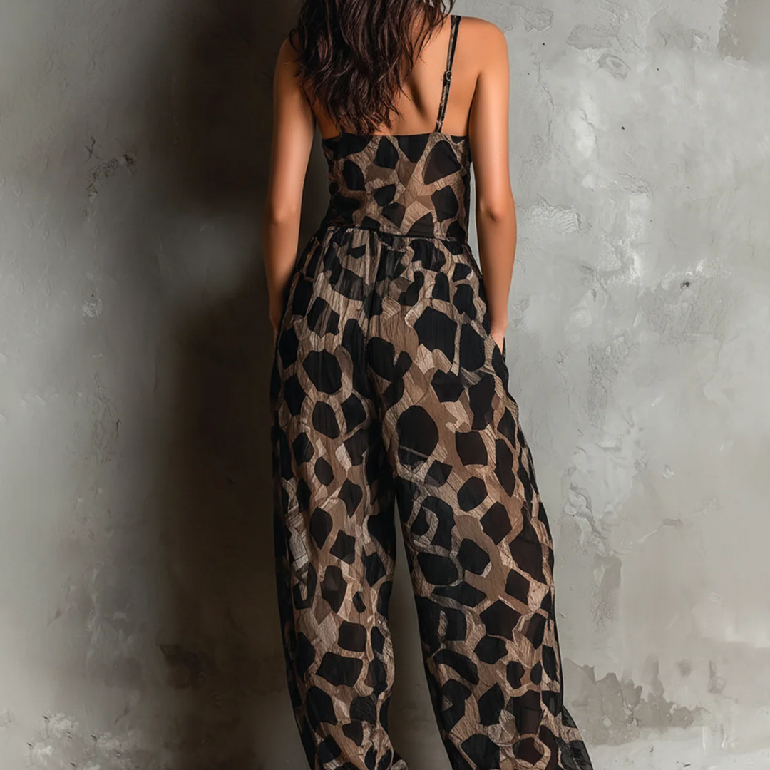 Savanne – Animal Print Tie-Front Chiffon Wide-Leg Jumpsuit + 50% OFF