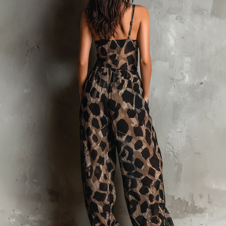Savanne – Animal Print Tie-Front Chiffon Wide-Leg Jumpsuit + 50% OFF