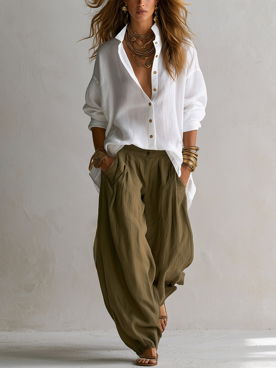 Sorrel – Relaxed Linen-Feel Shirt &amp; Lantern Pants Two-Piece Set + 50% OFF