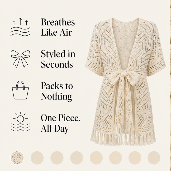Solaire – Lightweight Crochet Kimono Cover-Up with Tassels + 50% OFF