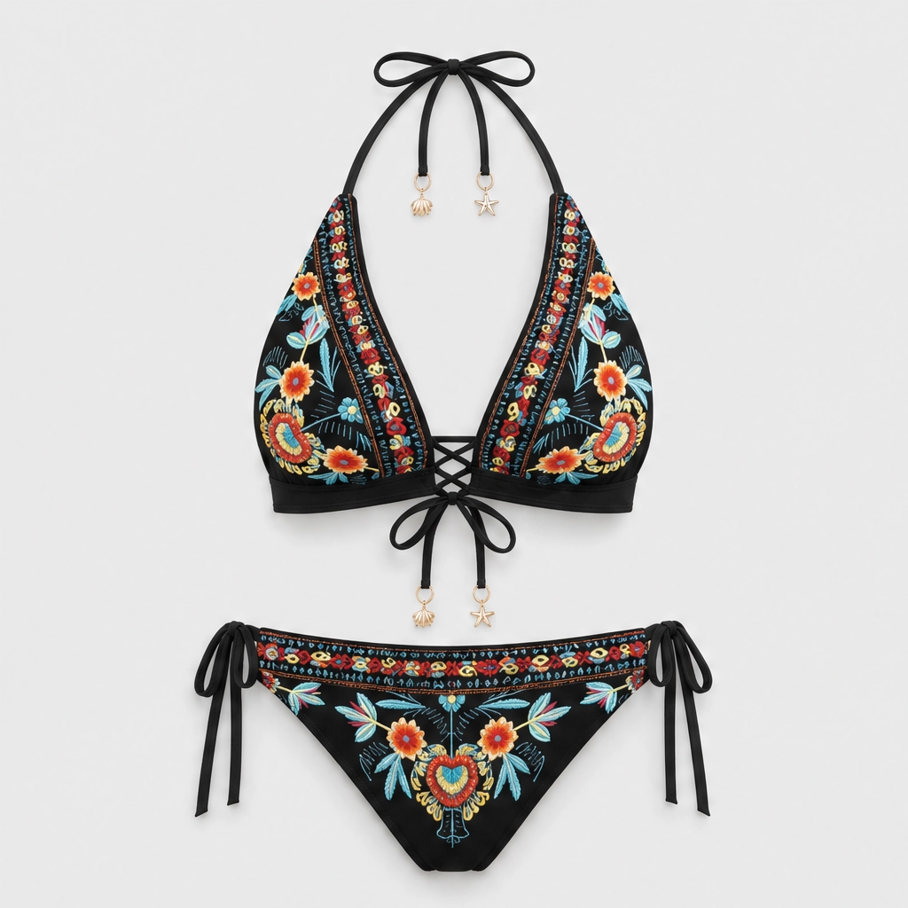 Solmara – Embroidered Boho Halter Bikini Set with Adjustable Lace-Up Ties + 50% OFF