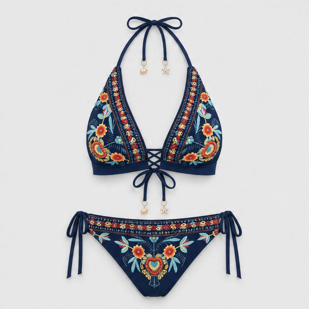Solmara – Embroidered Boho Halter Bikini Set with Adjustable Lace-Up Ties + 50% OFF