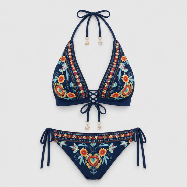 Solmara – Embroidered Boho Halter Bikini Set with Adjustable Lace-Up Ties + 50% OFF