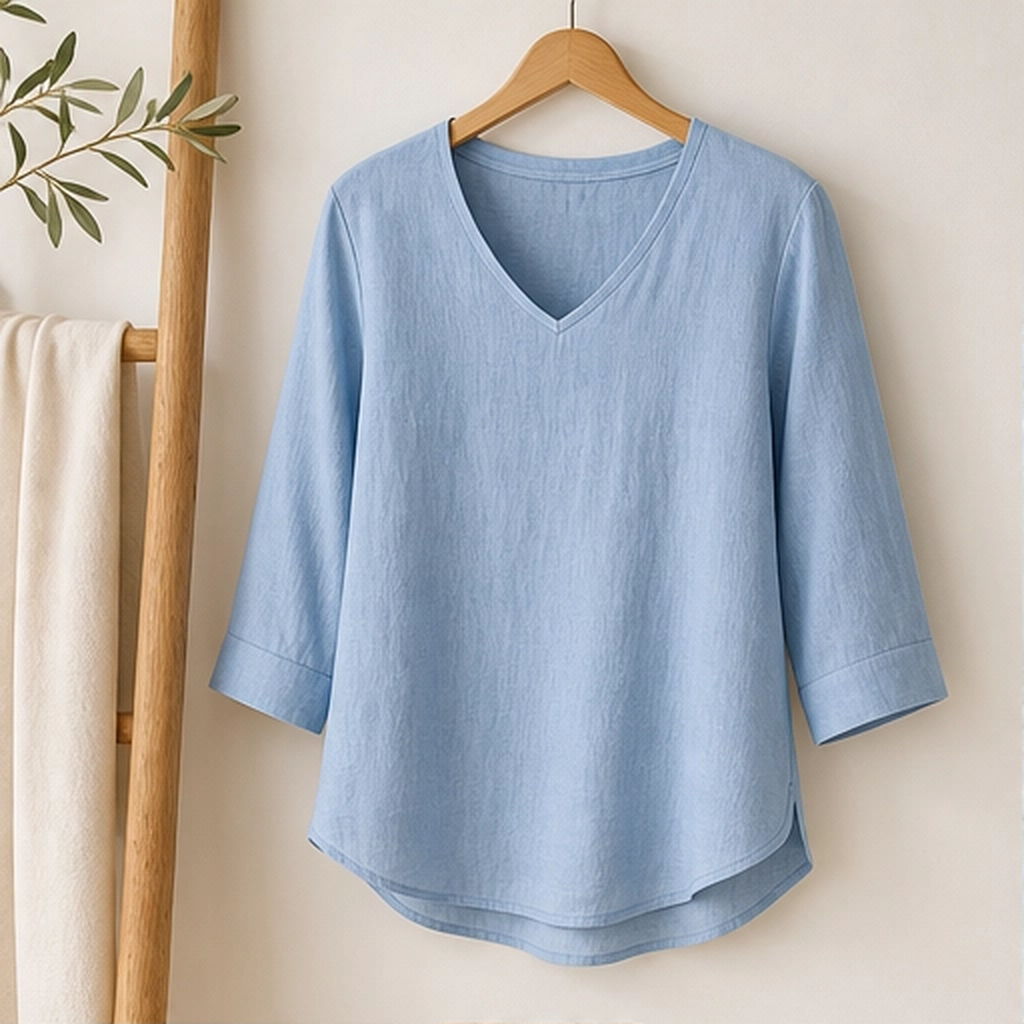 Drapelle – Relaxed V-Neck 3/4 Sleeve Blouse + 50% OFF