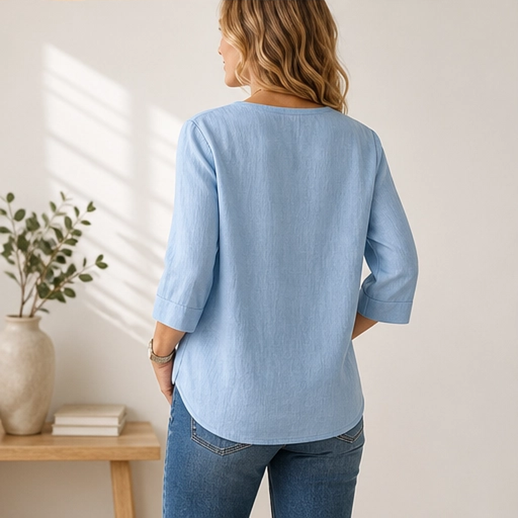 Drapelle – Relaxed V-Neck 3/4 Sleeve Blouse + 50% OFF