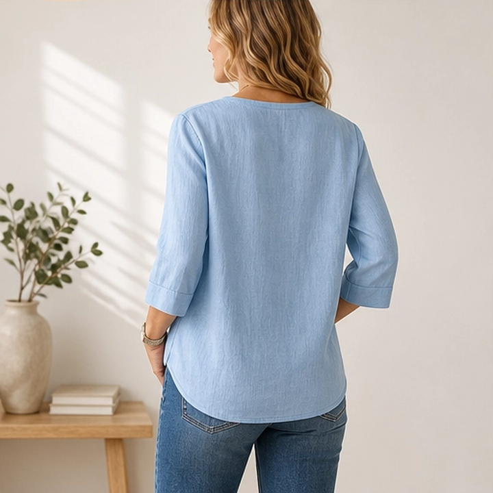 Drapelle – Relaxed V-Neck 3/4 Sleeve Blouse + 50% OFF