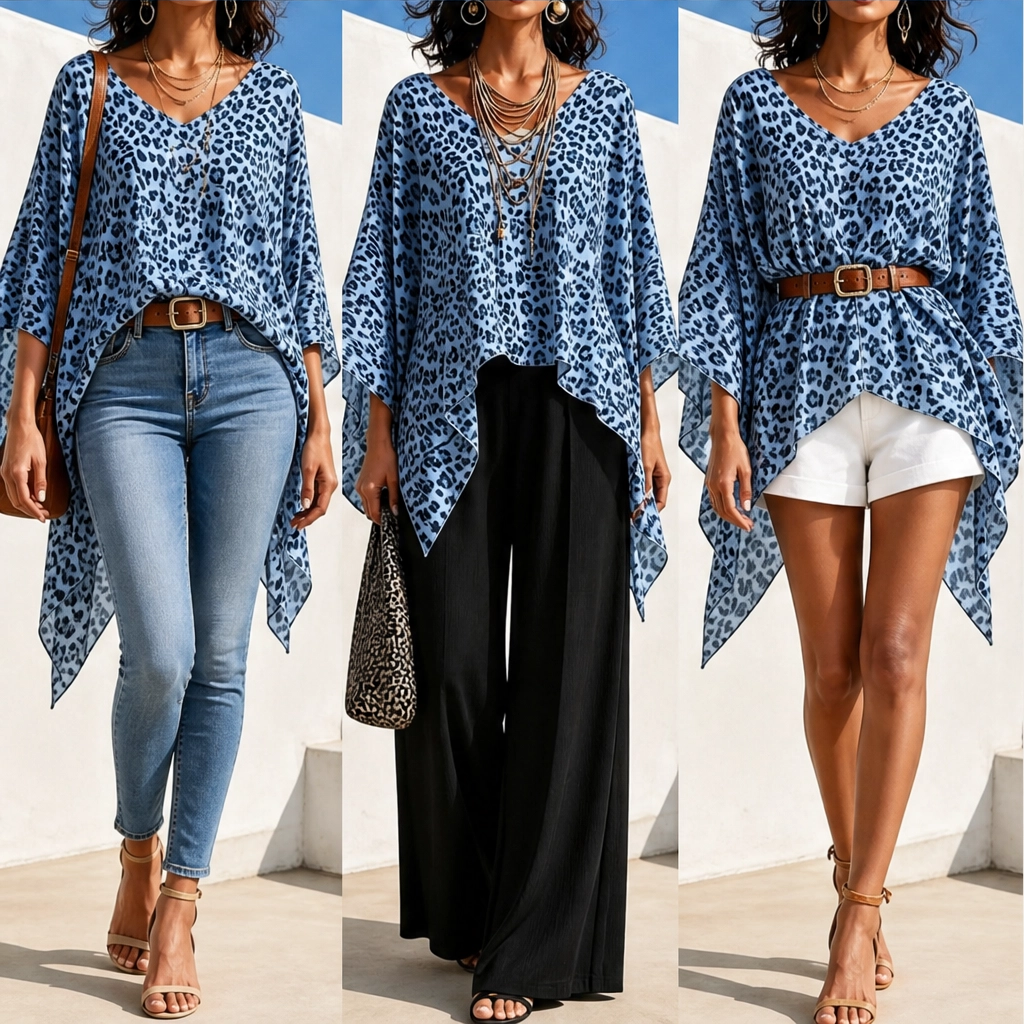 Rivena – Leopard-Print Batwing Top with Asymmetrical Hem + 50% OFF