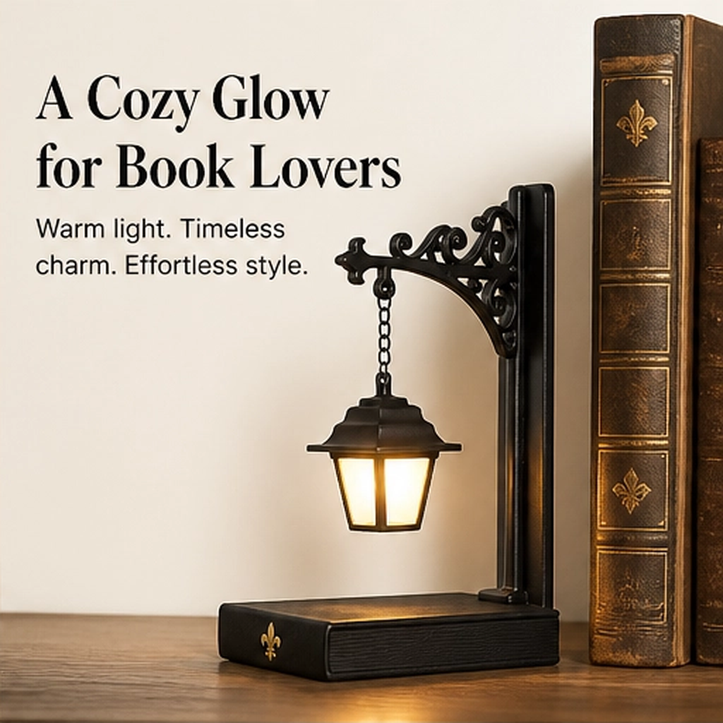 Emberwick – Iron Street Lamp Bookend with Warm Glow Hanging Lantern + 50% OFF