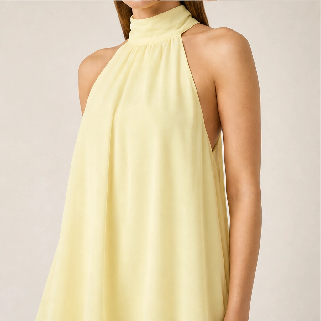 Solenne – Flowy Layered Halter Mini Dress with Open Back + 50% OFF