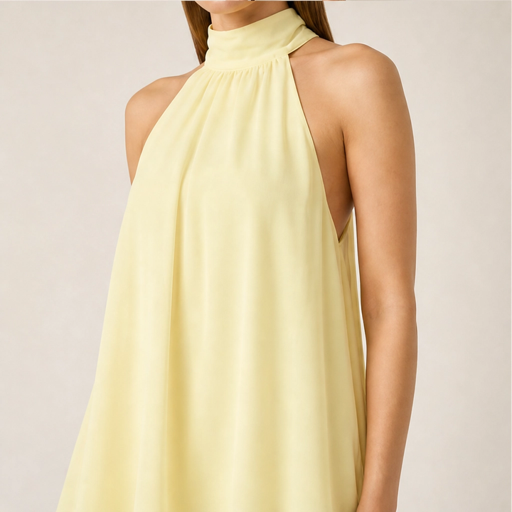 Solenne – Flowy Layered Halter Mini Dress with Open Back + 50% OFF