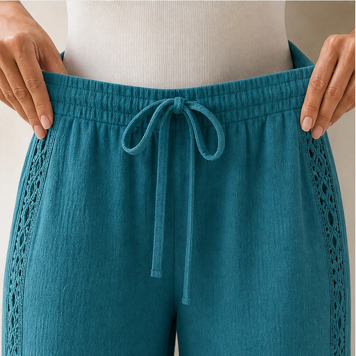 Crochelle – Crochet Trim Breathable Drawstring Straight Leg Pants + 50% OFF