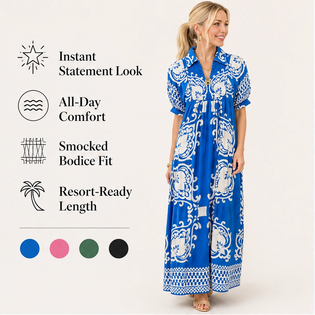 Marisol – Baroque Print Puff Sleeve Flowy Midi Dress + 50% OFF