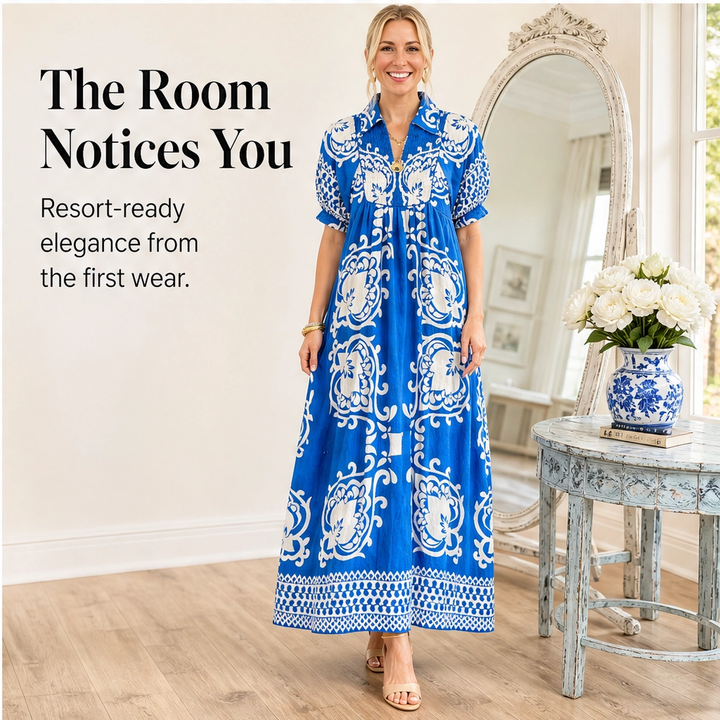 Marisol – Baroque Print Puff Sleeve Flowy Midi Dress + 50% OFF
