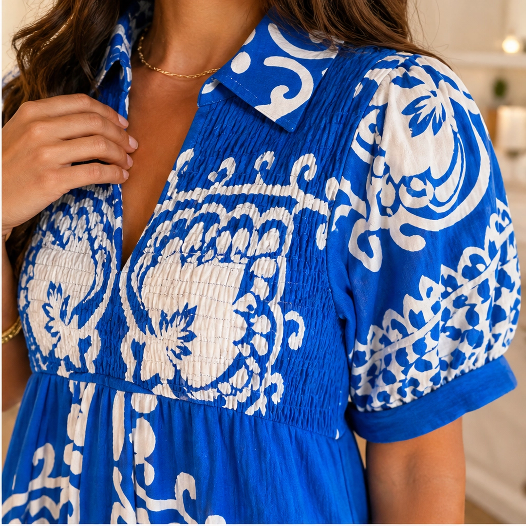 Marisol – Baroque Print Puff Sleeve Flowy Midi Dress + 50% OFF