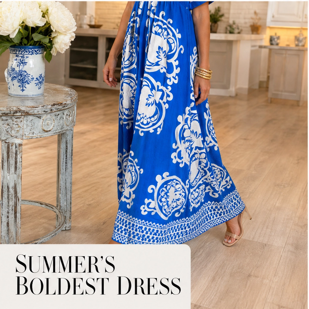 Marisol – Baroque Print Puff Sleeve Flowy Midi Dress + 50% OFF