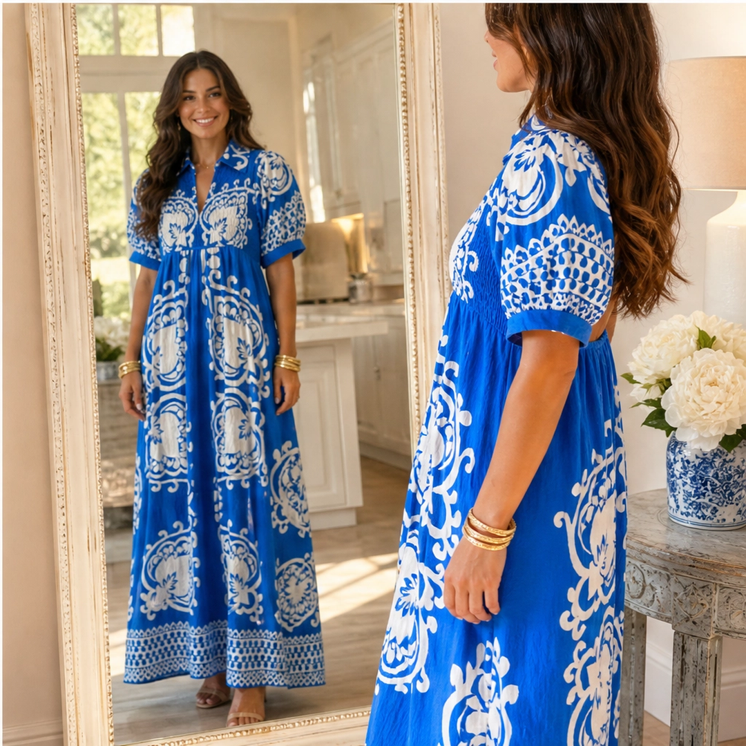 Marisol – Baroque Print Puff Sleeve Flowy Midi Dress + 50% OFF