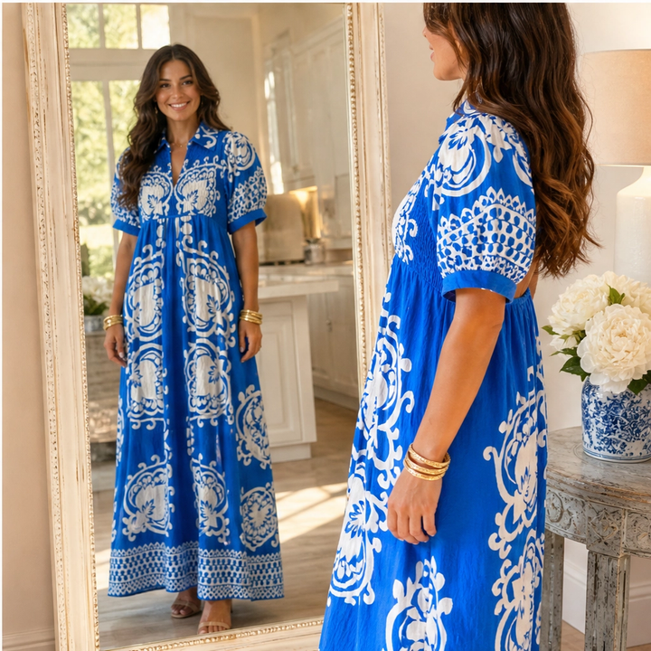 Marisol – Baroque Print Puff Sleeve Flowy Midi Dress + 50% OFF