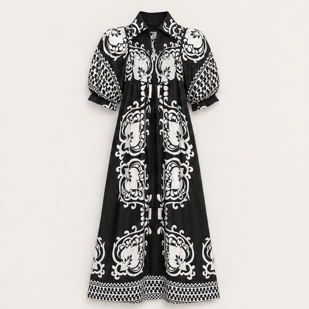 Marisol – Baroque Print Puff Sleeve Flowy Midi Dress + 50% OFF