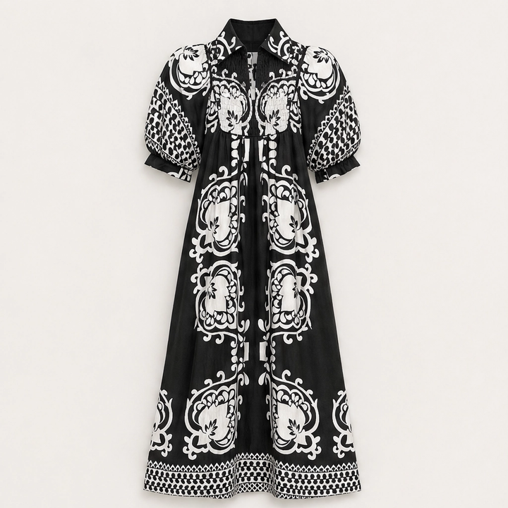 Marisol – Baroque Print Puff Sleeve Flowy Midi Dress + 50% OFF