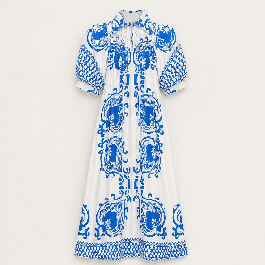 Marisol – Baroque Print Puff Sleeve Flowy Midi Dress + 50% OFF